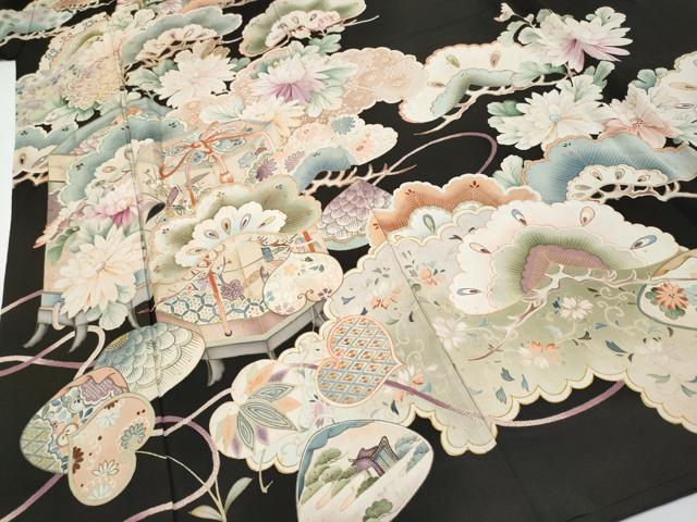平和屋本店○極上 アンティーク 大正ロマン 振袖 駒刺繍 貝桶草花文
