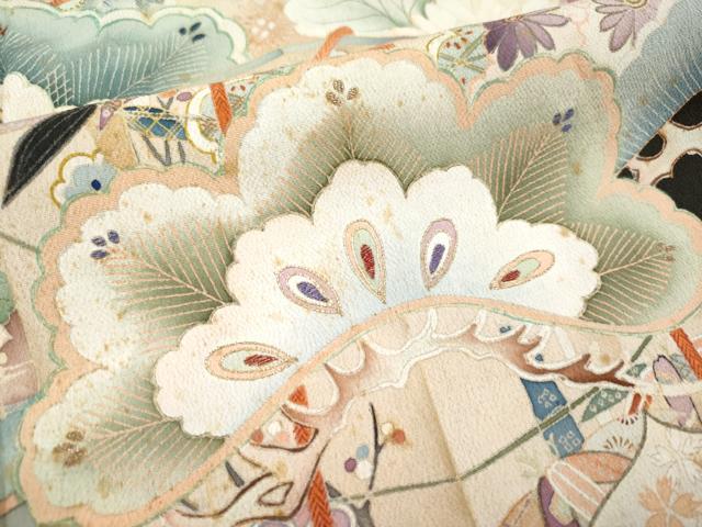 平和屋本店●極上　アンティーク　大正ロマン　振袖　駒刺繍　貝桶草花文　黒地　金彩　逸品　CYAA4514s6 平和屋本店○極上 アンティーク 大正ロマン 振袖 駒刺繍 貝桶草花文