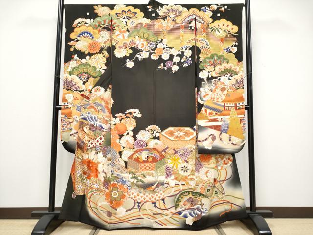 平和屋本店●極上　アンティーク　大正ロマン　振袖　駒刺繍　御所車吉祥花文　暈し染め　金彩　逸品　CYAA4519