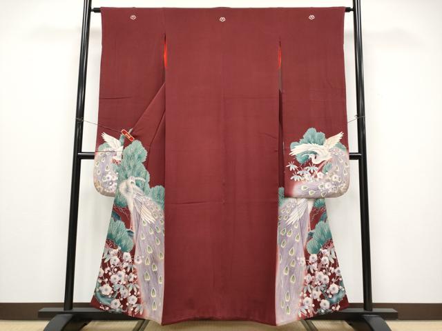 平和屋本店●極上　アンティーク　大正ロマン　振袖　刺繍　孔雀　松竹梅　暈し染め　金糸　鬼しぼ縮緬　葡萄茶色地　逸品　CYAA4521s6