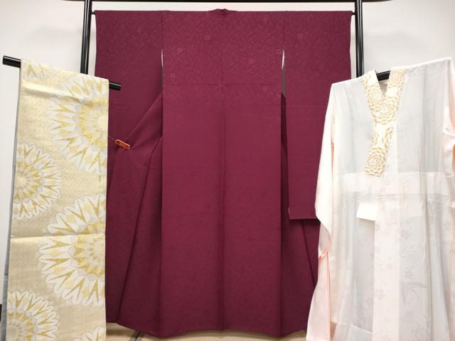 平和屋着物●極上　振袖・長襦袢・袋帯セット　色無地　舞桜地紋　葡萄色地　やまと誂製　逸品　CYAA4524s6