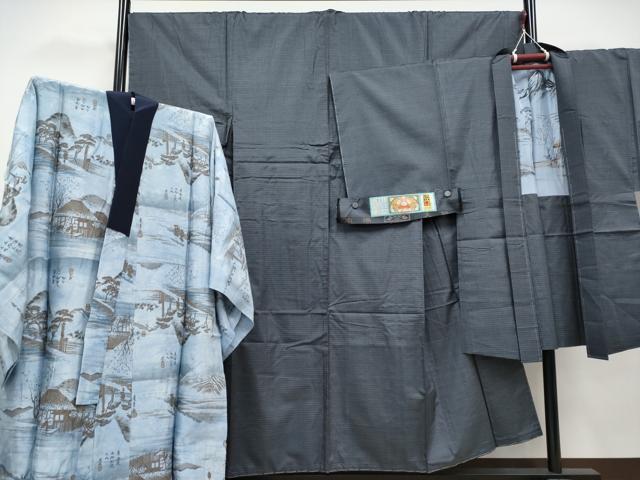 平和屋着物●極上　男性　本場大島紬　アンサンブル・長襦袢セット　格子柄　証紙付き　逸品　未使用　CYAA4530s6
