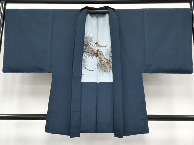 平和屋着物○極上 男性 色無地 アンサンブル 鬼しぼ縮緬 藍鉄色地 逸品