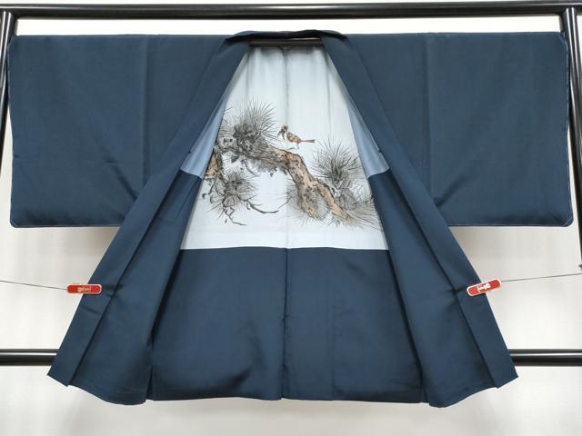 平和屋着物○極上 男性 色無地 アンサンブル 鬼しぼ縮緬 藍鉄色地 逸品
