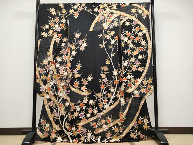 平和屋本店●極上　十日町老舗ブランド　吉澤友禅　吾妻徳穂　振袖　駒刺繍　絵巻橘文　黒地　金彩　逸品　CYAA4566s6