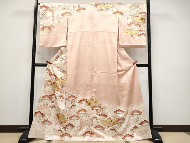 平和屋本店●極上　銀座きしや　訪問着　駒刺繍　扇面花文　暈し染め　金彩　水柿色地　逸品　CYAA4593s6
