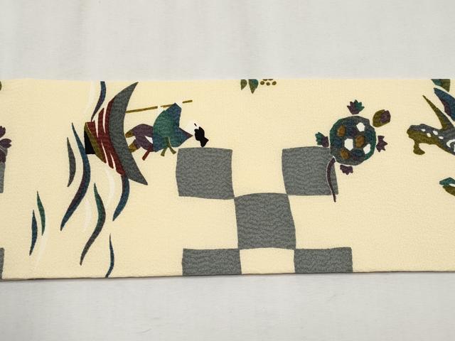 平和屋着物●極上　全通柄　九寸名古屋帯　日本昔話　浅黄色地　逸品　未使用　CYAA4612s6