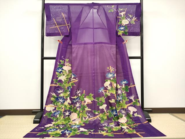 平和屋本店＊希少　夏物　訪問着　お引きずり・お引き摺り　紗　舞妓　芸子　朝顔　桑の実色地　八掛付き　逸品　CYAA4710s6