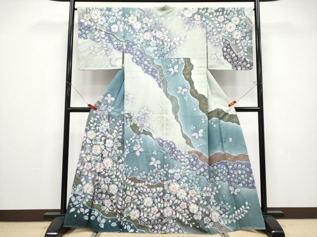 長閑やかさ屋中央局●限りない 越後十日町の第一級染匠 桐屋・翠山作業場 短い訪問着 辻が花 絞り 銀通し地 珠玉 未当てはめる CYAA4801s6