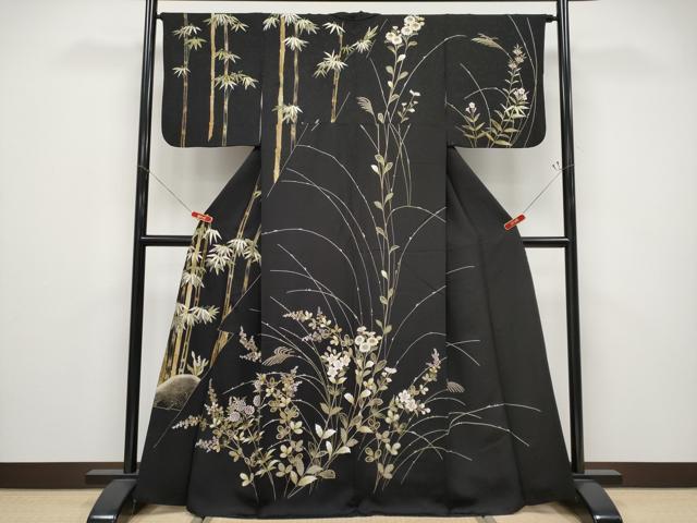 平和屋本店●極上　中国三大刺繍　相良刺繍　総刺繍　訪問着　枝花文　黒地　金糸　逸品　CYAA4821s6 平和屋本店○極上 中国三大刺繍 相良刺繍 総刺繍 訪問着 枝花文 黒地