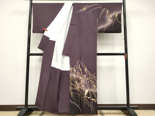 平和屋本店●極上　十日町　加賀草木友禅の第一人者　田村哲彦　訪問着　白鷺　暈し染め　似せ紫色地　逸品　CYAA4870s6_1