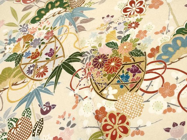 平和屋本店●極上　訪問着　駒刺繍　花籠文　金彩　薄香色地　逸品　CYAA4898s6 平和屋本店○極上 訪問着 駒刺繍 花籠文 金彩 薄香色地 逸品