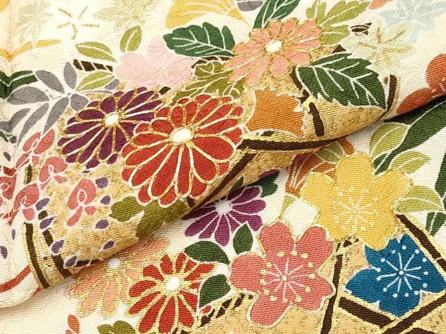 平和屋本店●極上　訪問着　駒刺繍　花籠文　金彩　薄香色地　逸品　CYAA4898s6 平和屋本店○極上 訪問着 駒刺繍 花籠文 金彩 薄香色地 逸品