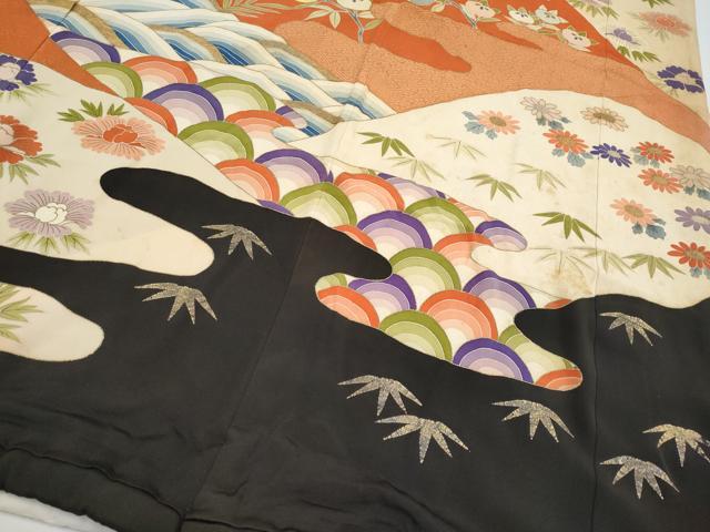 平和屋本店●極上　アンティーク　大正ロマン　お引きずり・お引き摺り　黒留袖　駒刺繍　霞枝花文　金彩　逸品　CYAA4993s6 平和屋本店○極上 アンティーク 大正ロマン お引きずり・お引き摺り 黒