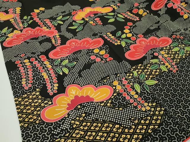 平和屋本店□極上 和染紅型 栗山紅型 栗山吉三郎 振袖 松 黒地 鬼