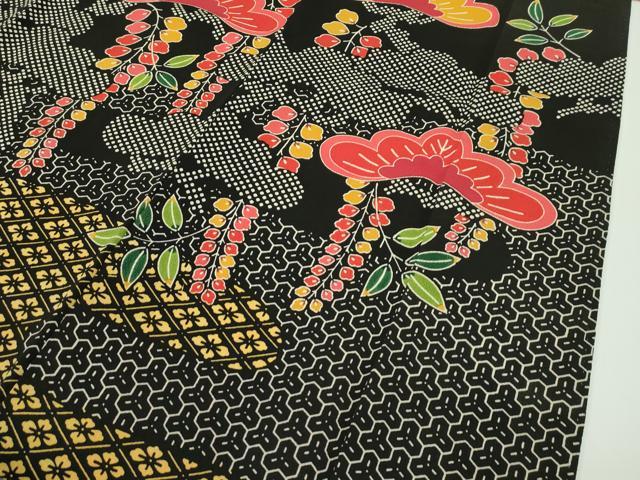 平和屋本店□極上 和染紅型 栗山紅型 栗山吉三郎 振袖 松 黒地 鬼