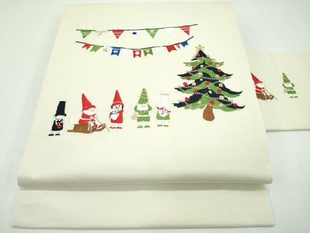 定番，100%新品 平和屋本店■極上　塩瀬　九寸名古屋帯　サンタクロース　金彩　伊と幸　五泉　淡香色地　鈴乃屋扱い　反端付き　逸品　CZAA1326s5