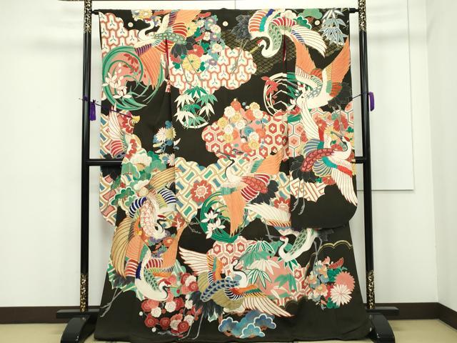 平和屋本店■極上　アンティーク　お引きずり・お引き摺り・引き振袖　相良刺繍　駒刺繍　松竹梅飛鶴文　黒地　金彩　逸品　CZAA1394s5