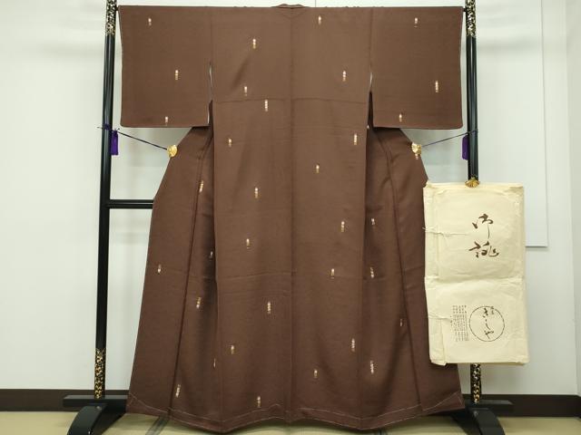 平和屋本店■極上　銀座きしや　小紋　総刺繍　花唐草文　金糸　茶褐色地　たとう紙付き　逸品　未使用　CZAA1446s5