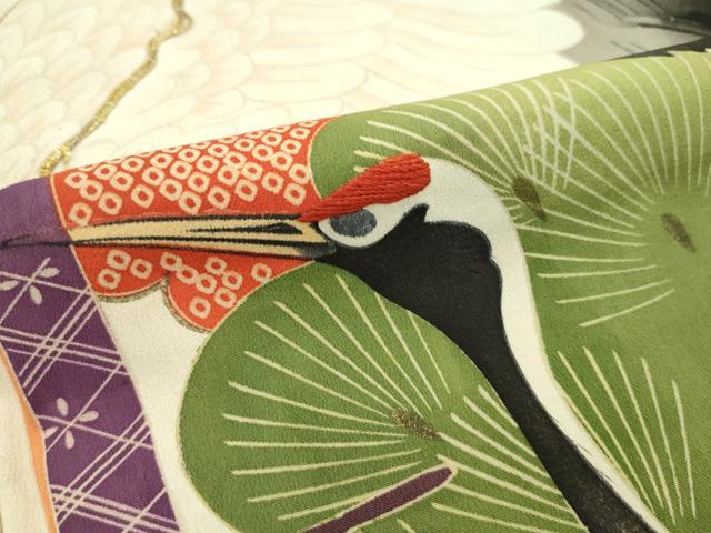 平和屋本店□極上 アンティーク 振袖 駒刺繍 檜扇飛鶴草花文 暈