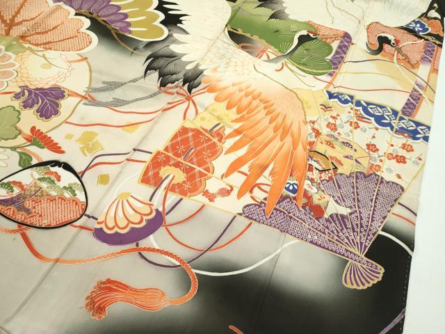平和屋本店□極上 アンティーク 振袖 駒刺繍 檜扇飛鶴草花文 暈