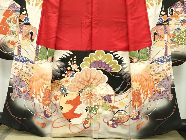 平和屋本店□極上 アンティーク 振袖 駒刺繍 檜扇飛鶴草花文 暈