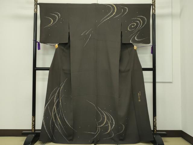 平和屋本店■極上　日本舞踊家　岩井流宗元　岩井友見　訪問着　単衣　箔散らし　金彩　涅色地　逸品　CZAA1541s5