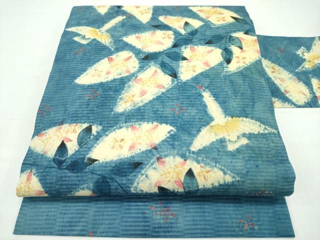 平和屋本店■超希少　型絵染染色家　鈴木紀絵　九寸名古屋帯　紬地　花鳥文　逸品　未使用　CZAA1587s5