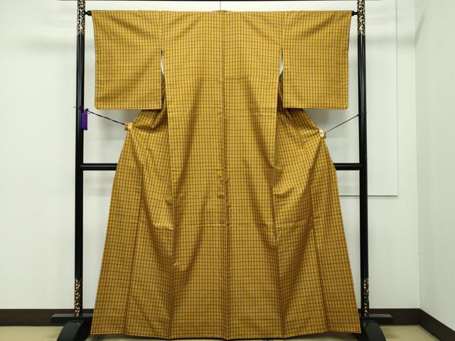 平和屋本店□極上 本場黄八丈 綾織 まるまなこ 紬 格子柄 逸品 CZAA1613s5