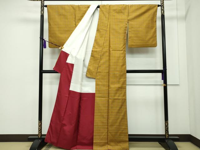 平和屋着物○本場黄八丈 まるまなこ 紬 格子柄 正絹 逸品 CAAS7270yc