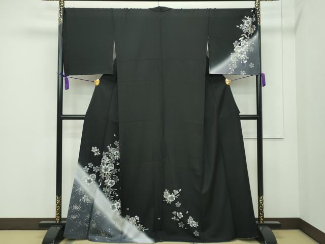 平和屋本店■極上　訪問着　螺鈿　枝花文　暈し染め　黒地　金銀彩　逸品　CZAA1629s5