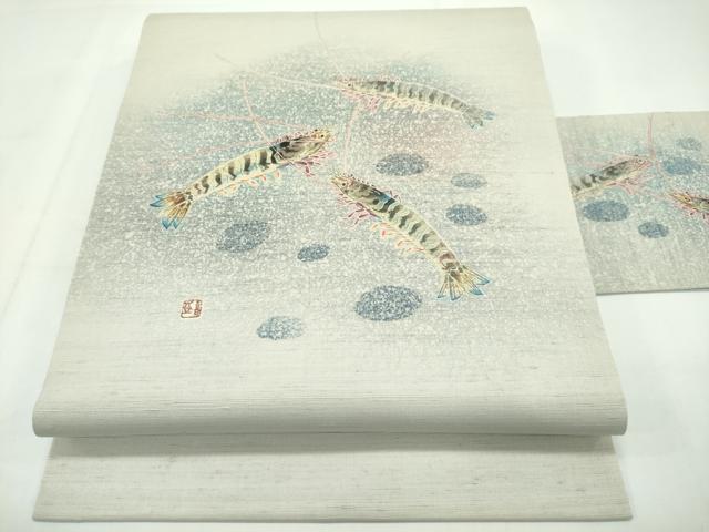 平和屋本店■極上　人間国宝・羽田登喜男　九寸名古屋帯　紬地　海老　逸品　CZAA1662s5