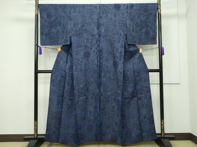 平和屋本店■極上 外山良治 浅井正文 阿波藍天然染 お召 単衣 三重織 ろうけつやまずり 切嵌草花文 証紙付き 逸品 未使用 CZAA1699s5 平和屋本店□極上 外山良治 浅井正文 阿波藍天然染 お召 単衣