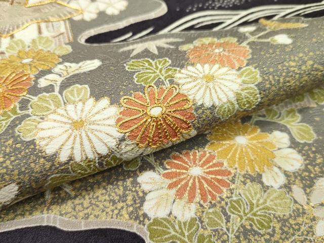 平和屋本店■極上　染匠　久保耕　訪問着　駒刺繍　風景文　金彩　黒紅色地　証紙付き　逸品　未使用　CZAA1726s5 平和屋本店□極上 染匠 久保耕 訪問着 駒刺繍 風景文 金彩