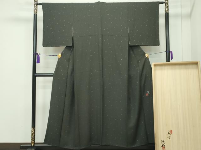 平和屋本店■極上　国際的伝統工芸作家　十二代・藤林徳扇　苑寿　小紋　寿光織　草花地紋　金糸　海松茶色地　共箱付き　逸品　CZAA1761s5