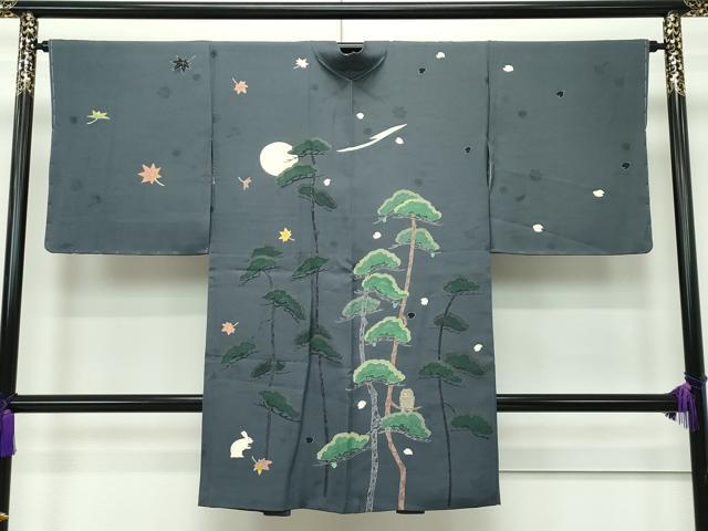 平和屋本店■極上　長羽織　作家物　梟　兎　満月　松　藍墨茶色地　逸品　未使用　CZAA1898s5