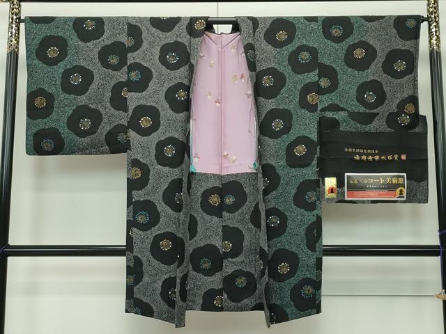平和屋本店■極上　京型友禅作家　岡部睦美　長羽織　梅　たたき染め　羽織紐・反端付き　逸品　CZAA1899s5