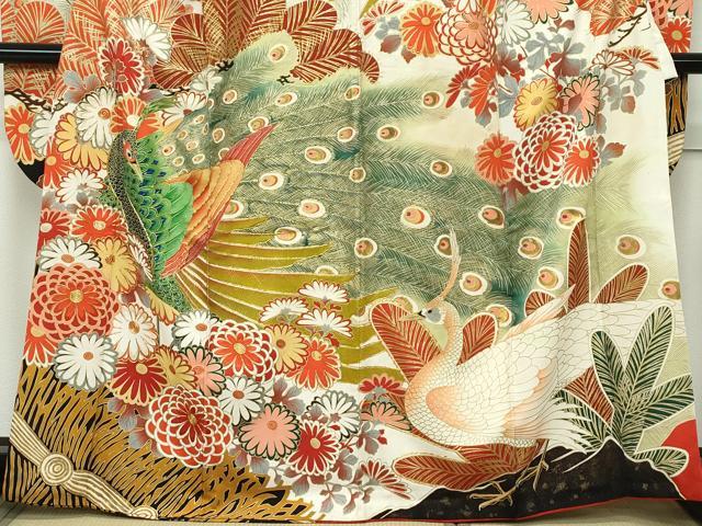 平和屋本店□極上 アンティーク 大正ロマン 振袖 駒刺繍 孔雀花文 金彩