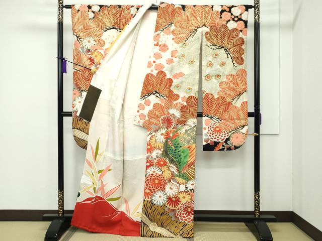 平和屋本店□極上 アンティーク 大正ロマン 振袖 駒刺繍 孔雀花文 金彩