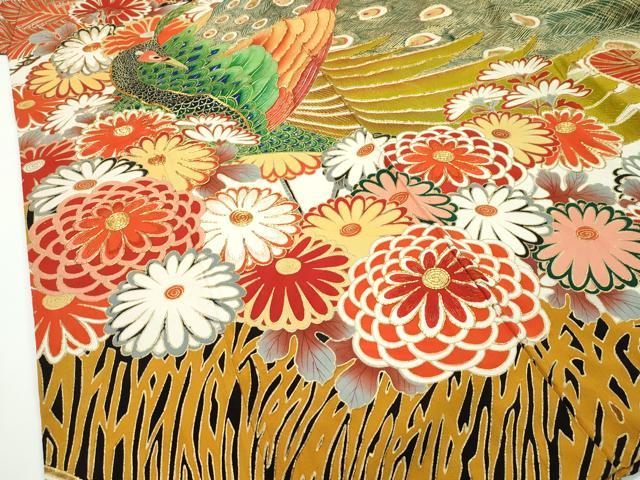 平和屋本店□極上 アンティーク 大正ロマン 振袖 駒刺繍 孔雀花文 金彩