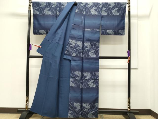 平和屋本店□極上 男性 両面 角帯 本藍 紬地 荒磯 龍 逸品 未