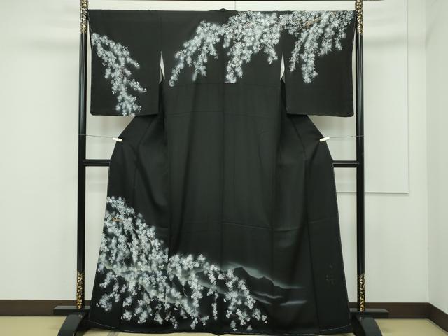 平和屋本店■極上　訪問着　作家物　手描き　夜桜　暈し染め　黒地　逸品　未使用　CZAA1950s5
