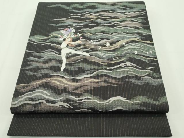 平和屋本店■極上　中国人間国宝　将雪英　太鼓柄袋帯　相良刺繍　バレリーナ　黒地　逸品　未使用　CZAA2159s5