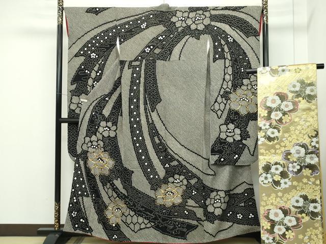 平和屋本店□極上 振袖・袋帯セット 総絞り 駒刺繍 束ね熨斗牡丹文