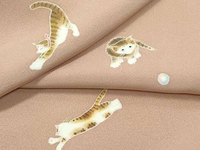 平和屋本店■極上　小紋　手描き　猫　深支子色地　逸品　未使用　CZAA2200s5