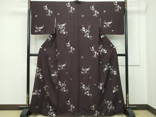 平和屋本店■極上 小紋 ペイズリー更紗葡萄蔦の葉文 銀彩 黒鳶色地 逸品 CZAA2217s5 小紋