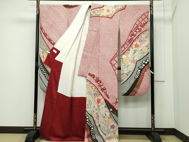 平和屋本店□極上 振袖・長襦袢セット 総絞り 草花文 金彩 半衿刺繍