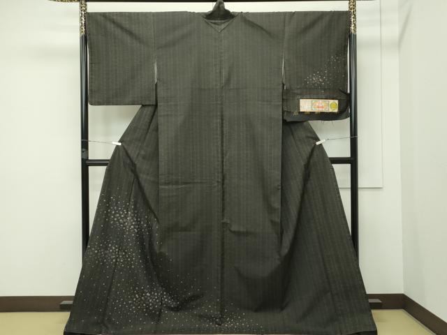 平和屋本店■極上　訪問着　本場縞大島紬　泥染め　箔散らし　黒地　証紙付き　逸品　CZAA2293s5