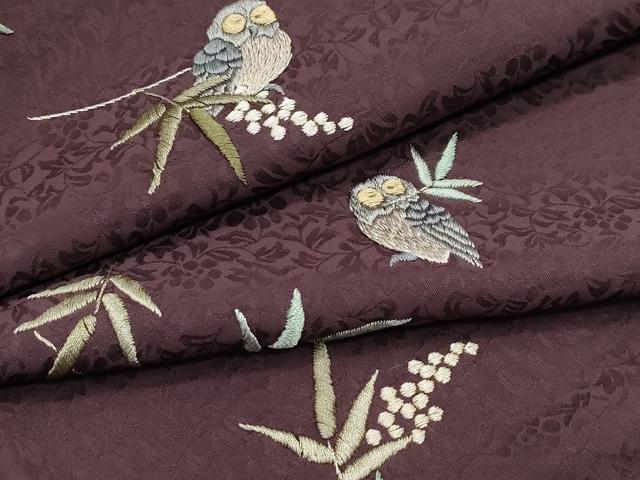 平和屋本店■極上　小紋　総刺繍　フクロウ　梟　金糸　紫鳶色地　逸品　CZAA2342s5