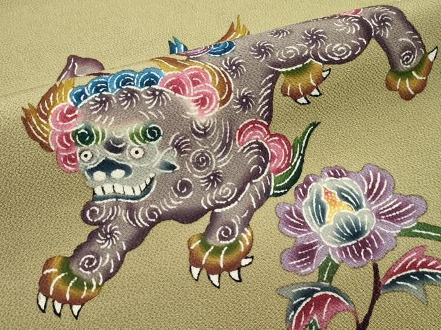本場琉球紅型　城間栄順　縮緬名古屋帯　変わり牡丹格子に唐草紋様紅型 牡丹格子 城間栄順 紅型 本場琉球紅型 城間栄順 縮緬名古屋帯 変わり